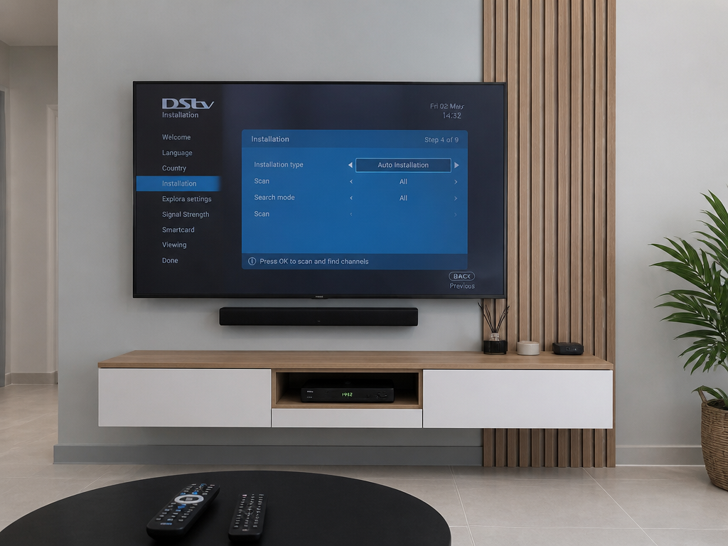 Wall-mounted TV showing DStv installation setup