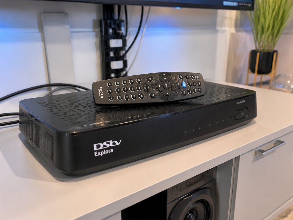 DStv Explora decoder and remote on a modern TV stand