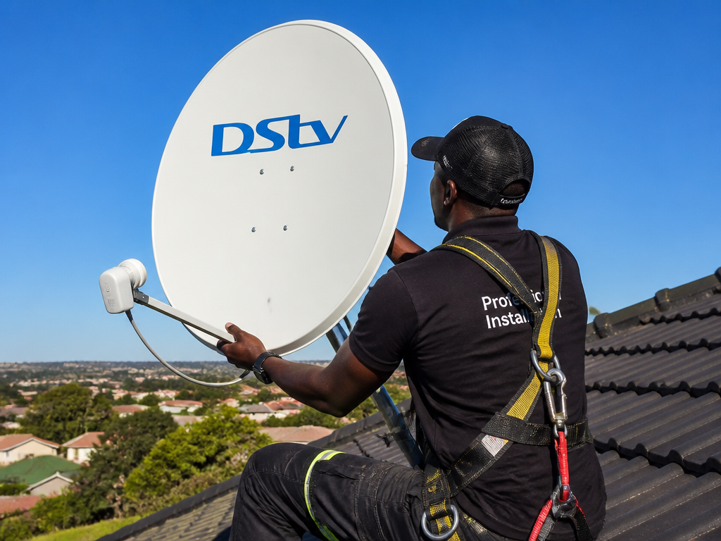 Technician installing a DStv satellite dish on a roof